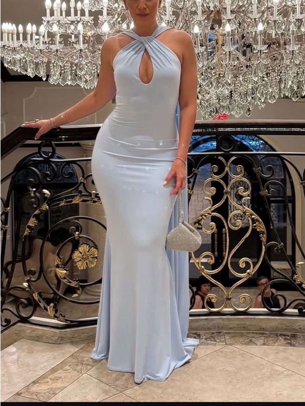 Powder Blue Twist Halter- Neck Cape Maxi Dress
